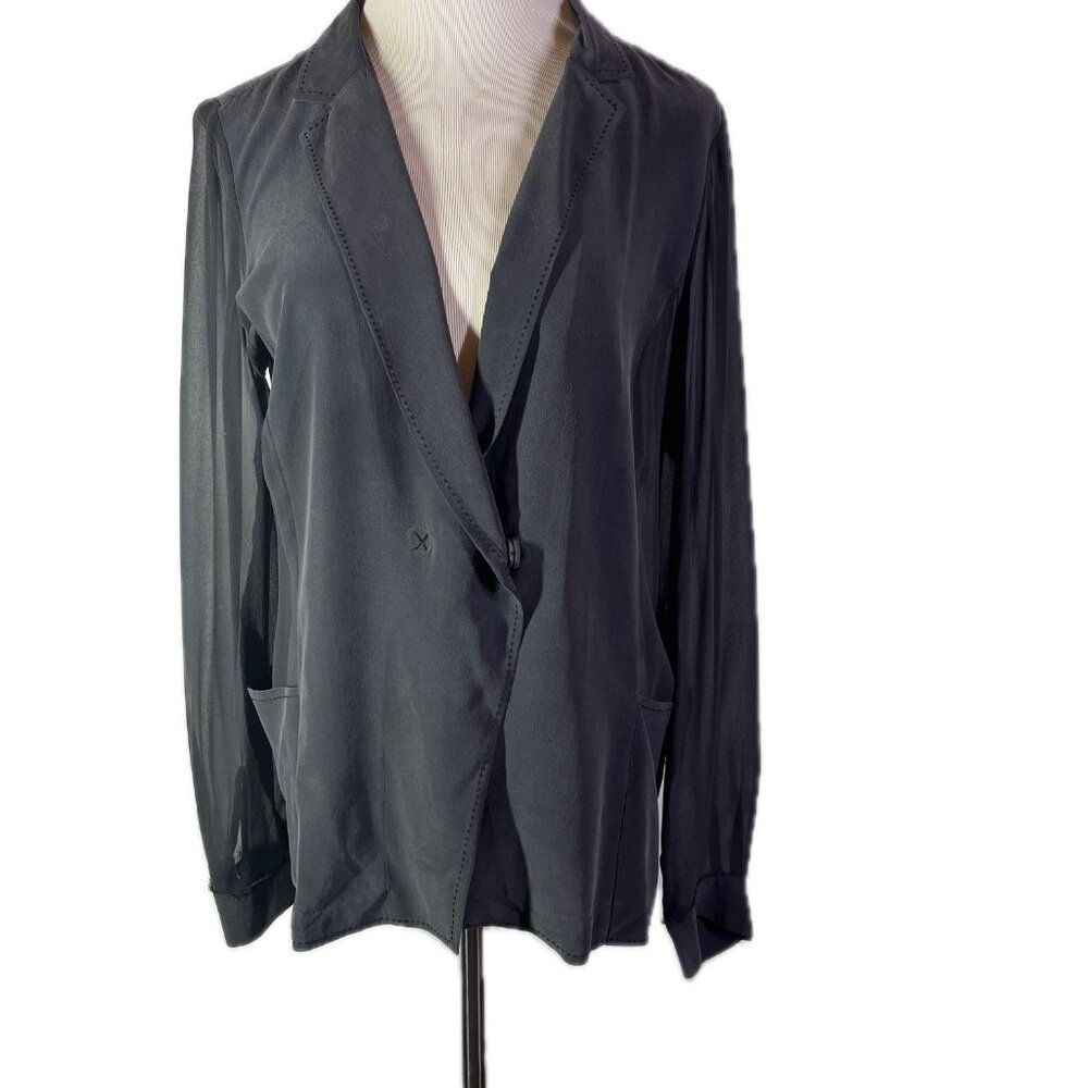 Go Silk Size M Dark Grey Silk Blazer Jacket Sheer Sleeves
